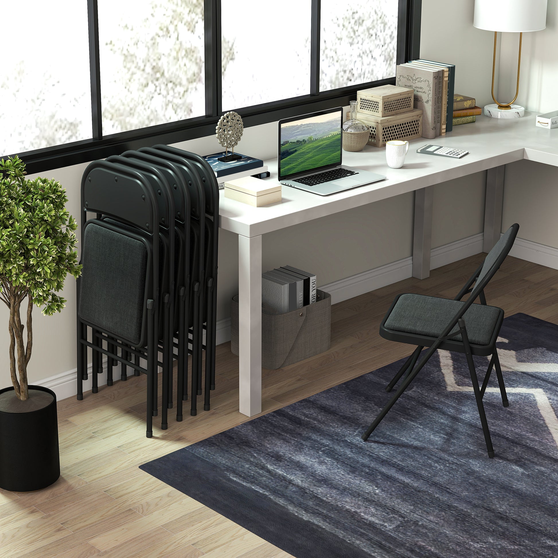 Set of 6 Folding Chairs Portable Dining Room Chairs Indoor Foldable Chair with Linen Cushion and Steel Frame 45 x 46 x 78 cm Black
