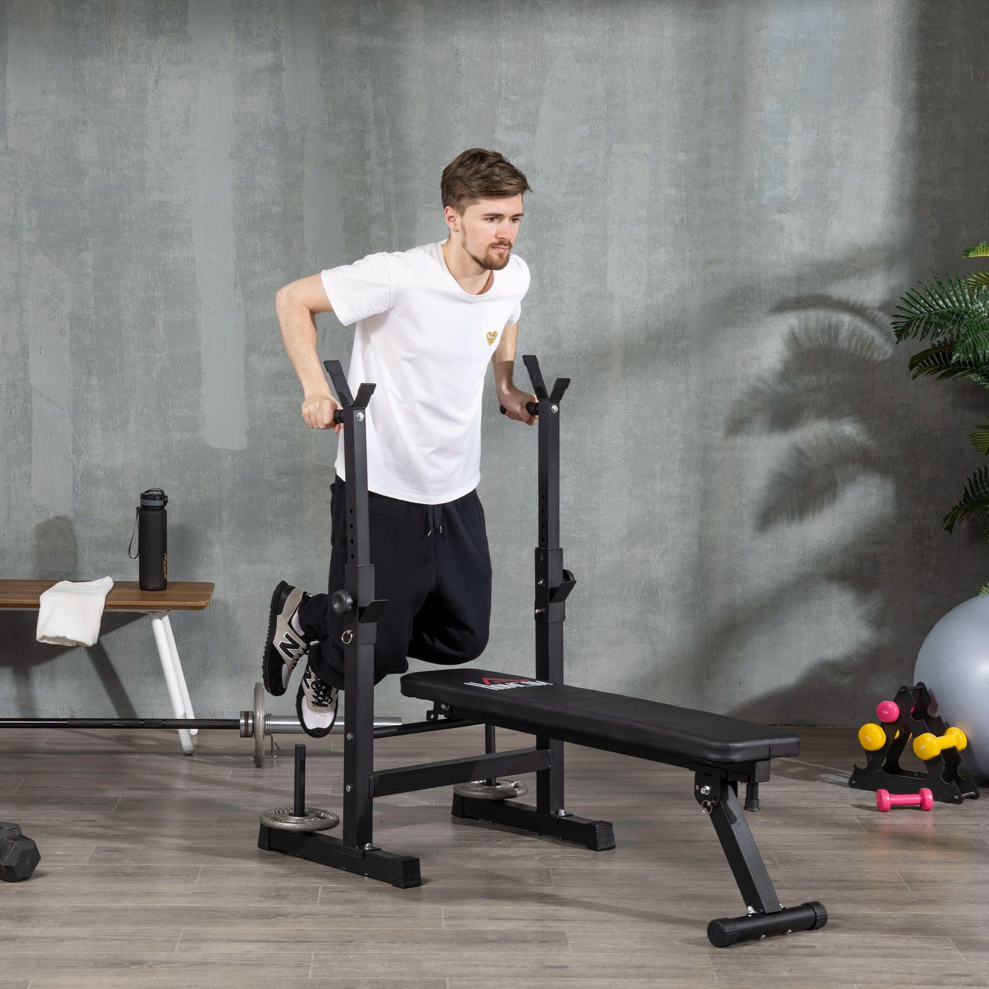 Folding Gym Bench with Adjustable Barbell Support in 8 Positions, Steel and PU Weight Bench for Home Gym, Load Capacity 150 kg, 140x73x98-122 cm, Black