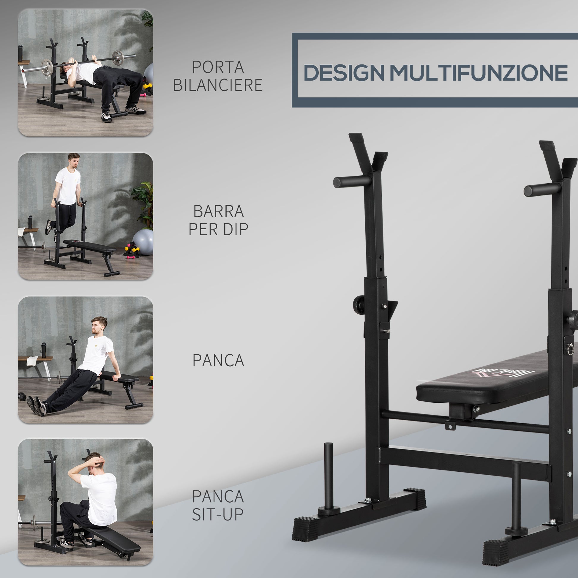 Folding Gym Bench with Adjustable Barbell Support in 8 Positions, Steel and PU Weight Bench for Home Gym, Load Capacity 150 kg, 140x73x98-122 cm, Black