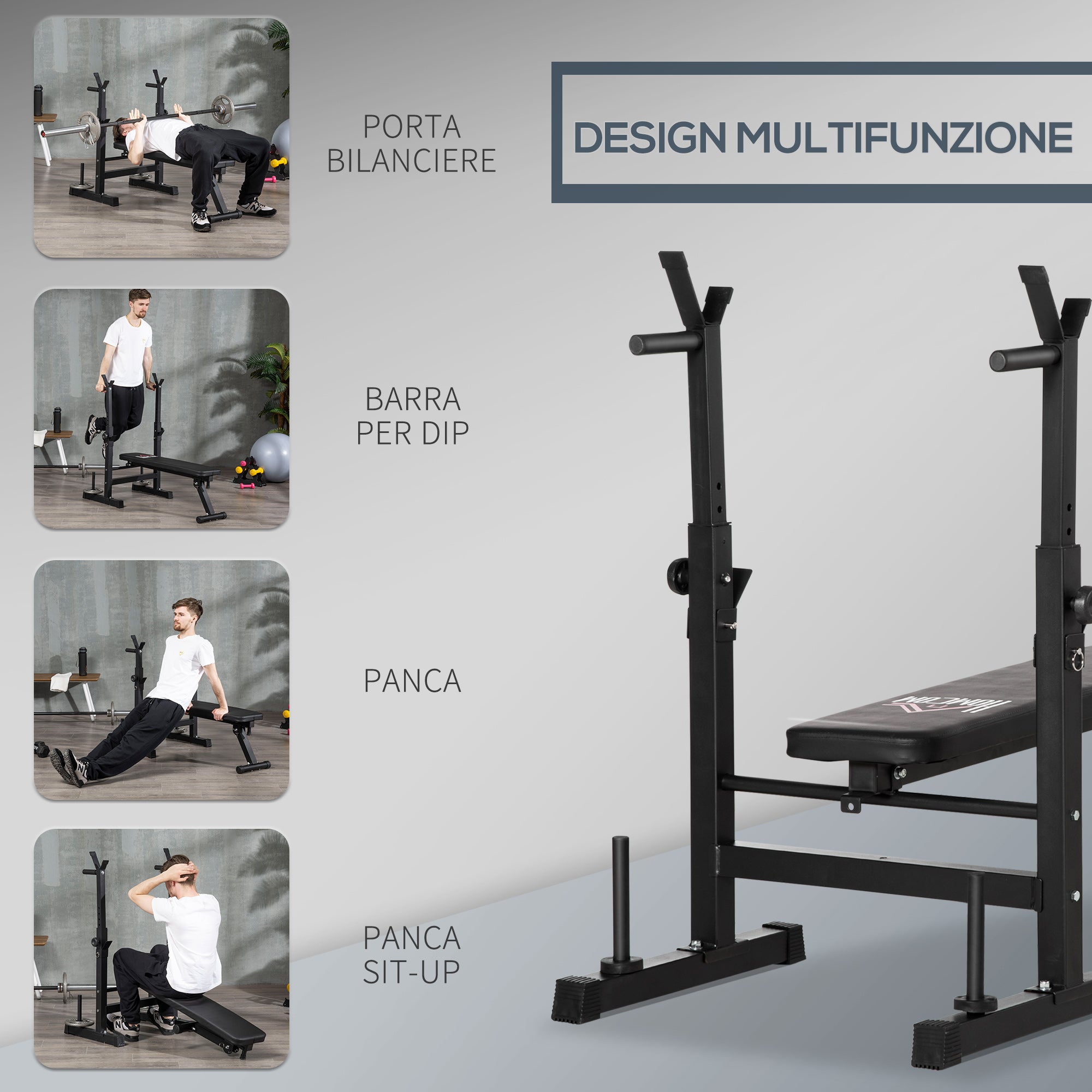 Folding Gym Bench with Adjustable Barbell Support in 8 Positions, Steel and PU Weight Bench for Home Gym, Load Capacity 150 kg, 140x73x98-122 cm, Black