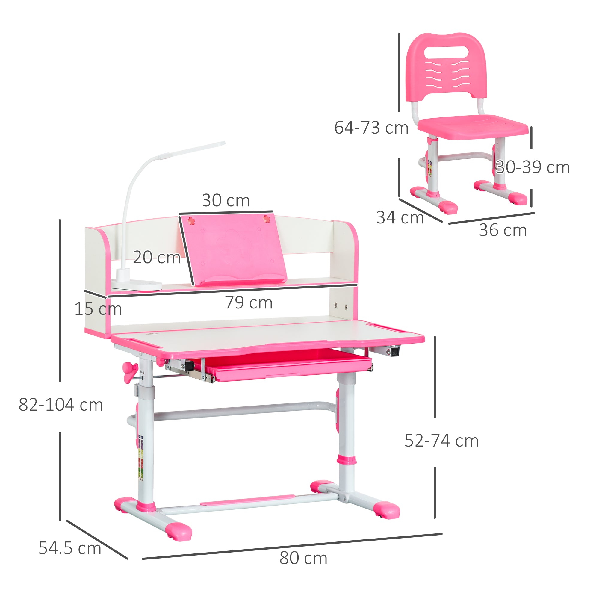 Adjustable Height Children's Desk and Chair Set for 6-12 Years Old, School Bench with 45° Tiltable Desk, Lamp, Drawer, Shelf, Pen Holder, and Reading Stand, in Steel and MDF, Pink
