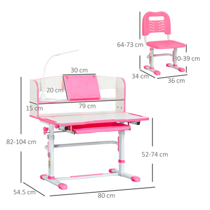Adjustable Height Children's Desk and Chair Set for 6-12 Years Old, School Bench with 45° Tiltable Desk, Lamp, Drawer, Shelf, Pen Holder, and Reading Stand, in Steel and MDF, Pink