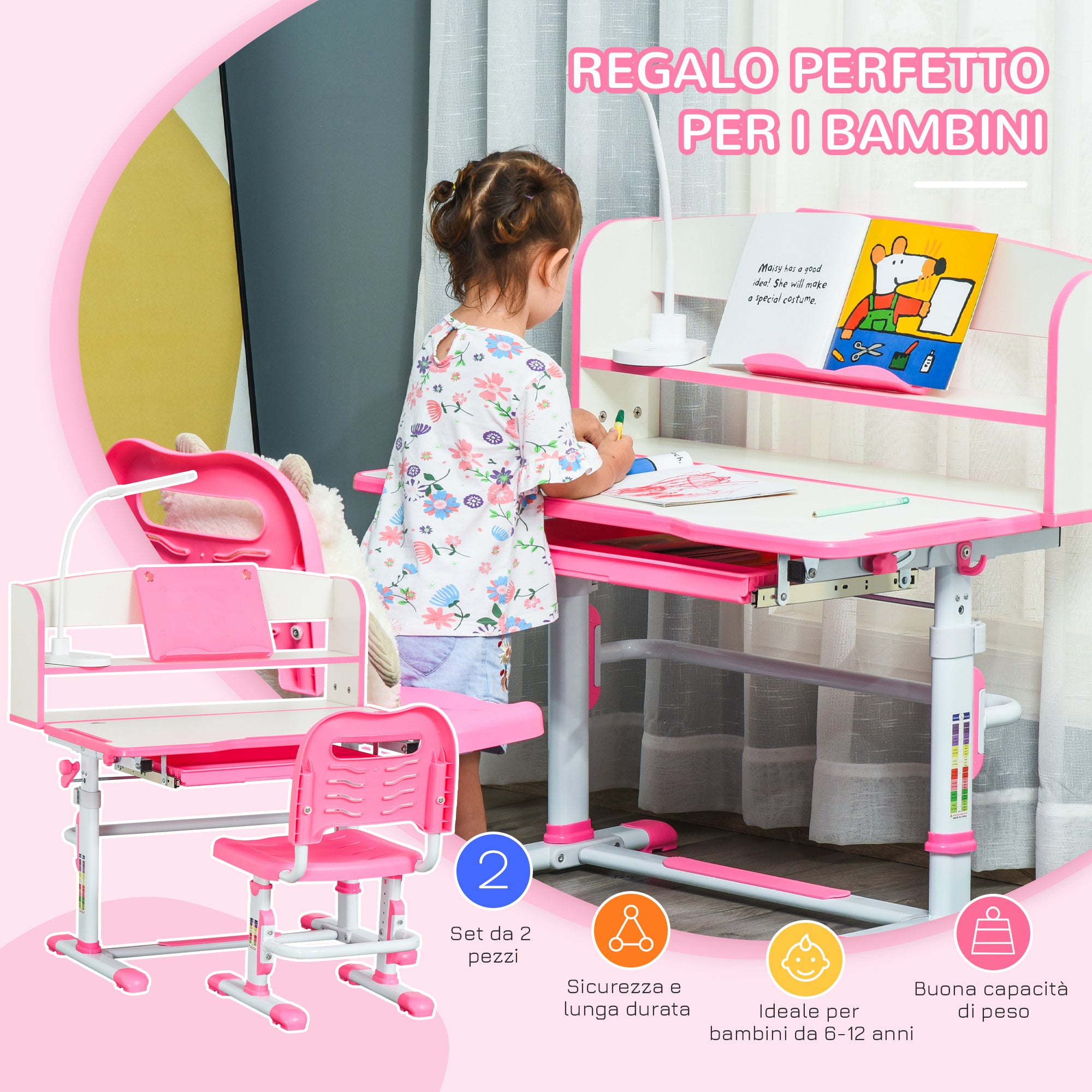 Adjustable Height Children's Desk and Chair Set for 6-12 Years Old, School Bench with 45° Tiltable Desk, Lamp, Drawer, Shelf, Pen Holder, and Reading Stand, in Steel and MDF, Pink