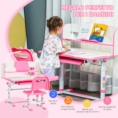 Adjustable Height Children's Desk and Chair Set for 6-12 Years Old, School Bench with 45° Tiltable Desk, Lamp, Drawer, Shelf, Pen Holder, and Reading Stand, in Steel and MDF, Pink