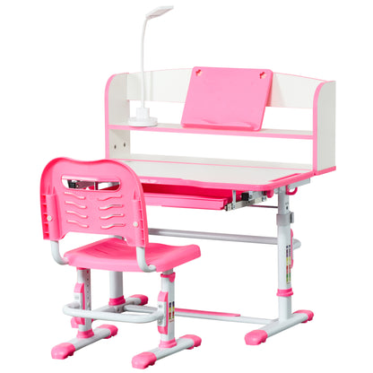Adjustable Height Children's Desk and Chair Set for 6-12 Years Old, School Bench with 45° Tiltable Desk, Lamp, Drawer, Shelf, Pen Holder, and Reading Stand, in Steel and MDF, Pink