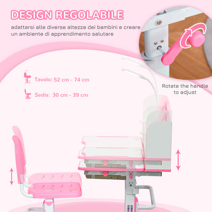 Adjustable Height Children's Desk and Chair Set for 6-12 Years Old, School Bench with 45° Tiltable Desk, Lamp, Drawer, Shelf, Pen Holder, and Reading Stand, in Steel and MDF, Pink
