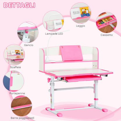 Adjustable Height Children's Desk and Chair Set for 6-12 Years Old, School Bench with 45° Tiltable Desk, Lamp, Drawer, Shelf, Pen Holder, and Reading Stand, in Steel and MDF, Pink