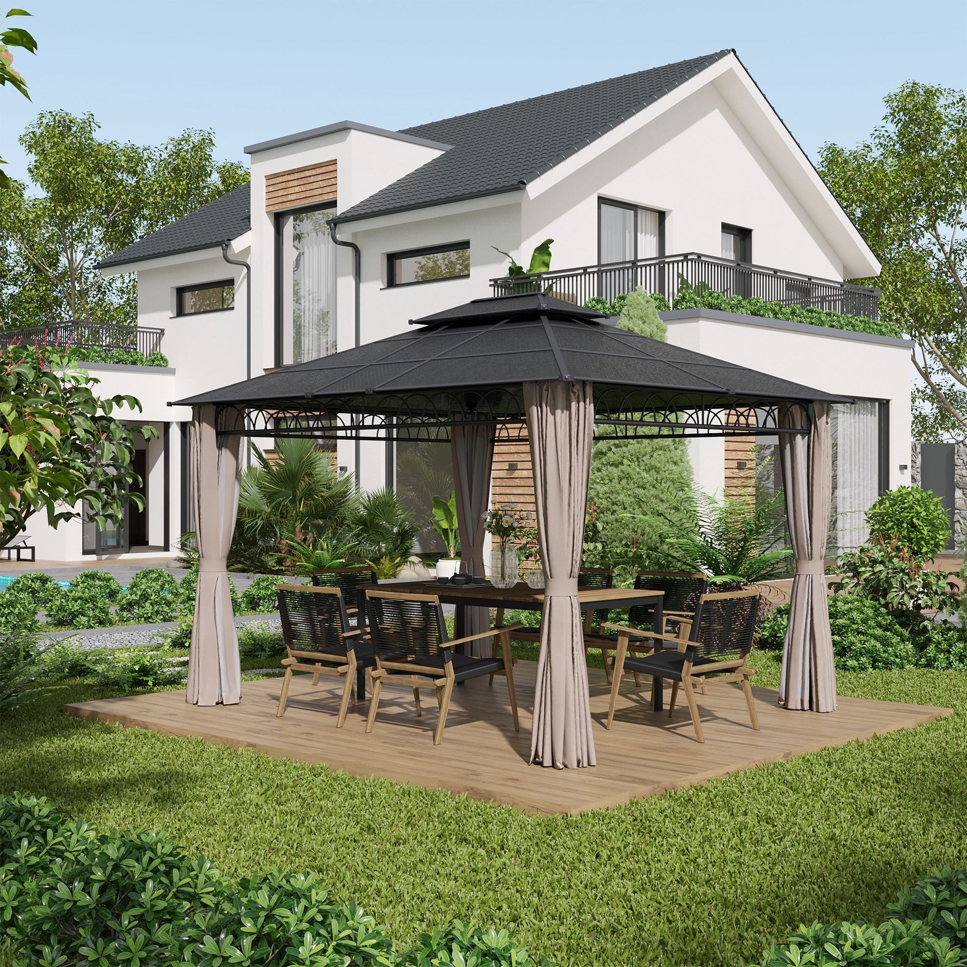 Garden Pavilion Gazebo 4 x 3 m with Polycarbonate Roof, 4 Side Walls UV-resistant Mosquito Nets
