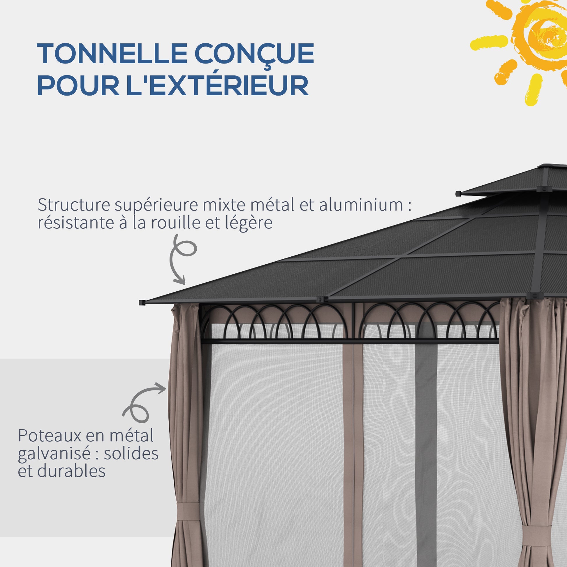 Garden Pavilion Gazebo 4 x 3 m with Polycarbonate Roof, 4 Side Walls UV-resistant Mosquito Nets