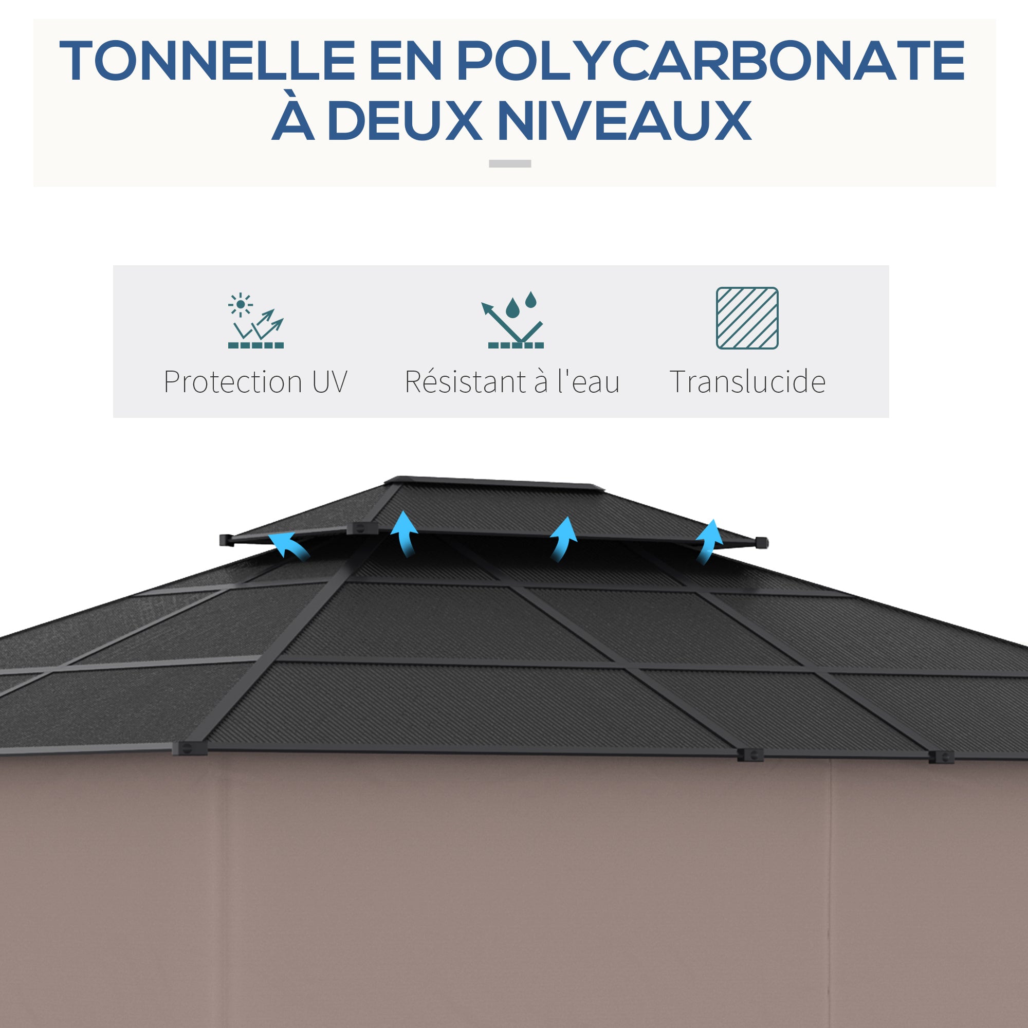 Garden Pavilion Gazebo 4 x 3 m with Polycarbonate Roof, 4 Side Walls UV-resistant Mosquito Nets