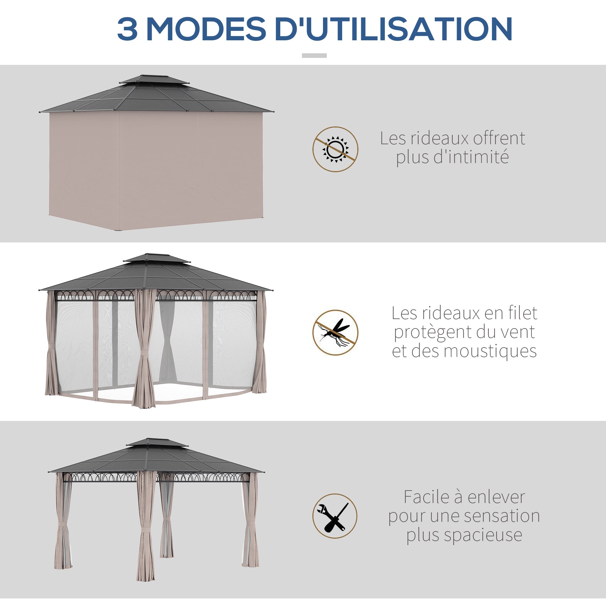 Garden Pavilion Gazebo 4 x 3 m with Polycarbonate Roof, 4 Side Walls UV-resistant Mosquito Nets