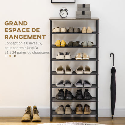 8-Level Shoe Rack Storage Cabinet Shoe Organizer for 21 Pairs Steel Frame Wood-Look Top Shelf - 60 x 28.5 x 126 cm Black