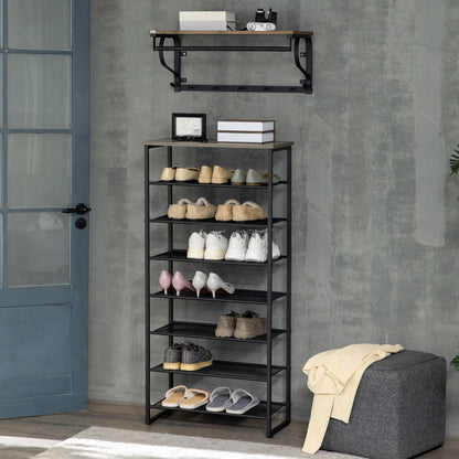 8-Level Shoe Rack Storage Cabinet Shoe Organizer for 21 Pairs Steel Frame Wood-Look Top Shelf - 60 x 28.5 x 126 cm Black