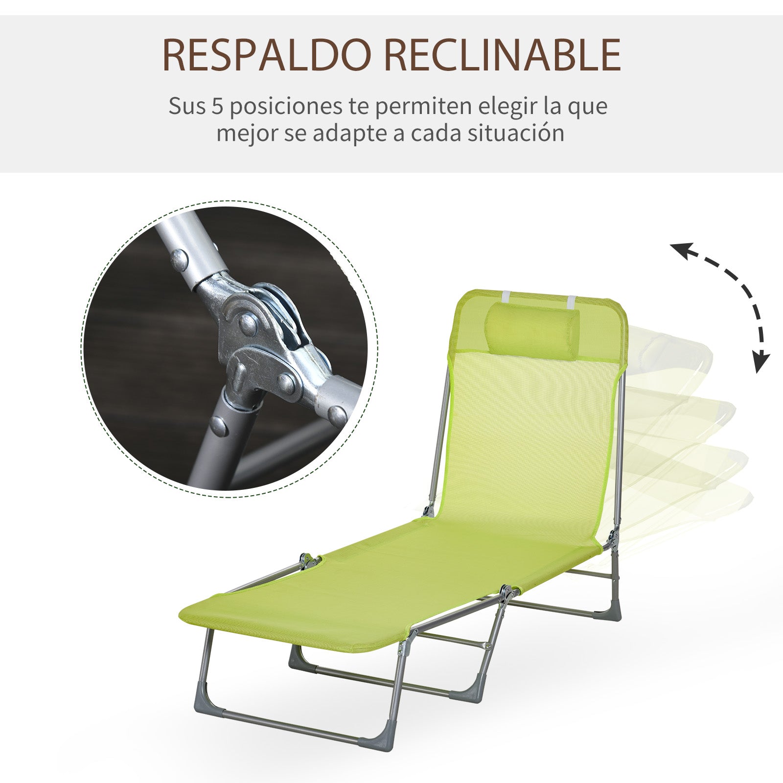 Foldable and Reclining Garden Sun Lounger with Headrest and Adjustable Backrest in 5 Levels Breathable Texteline Fabric 182x56x28 cm Green