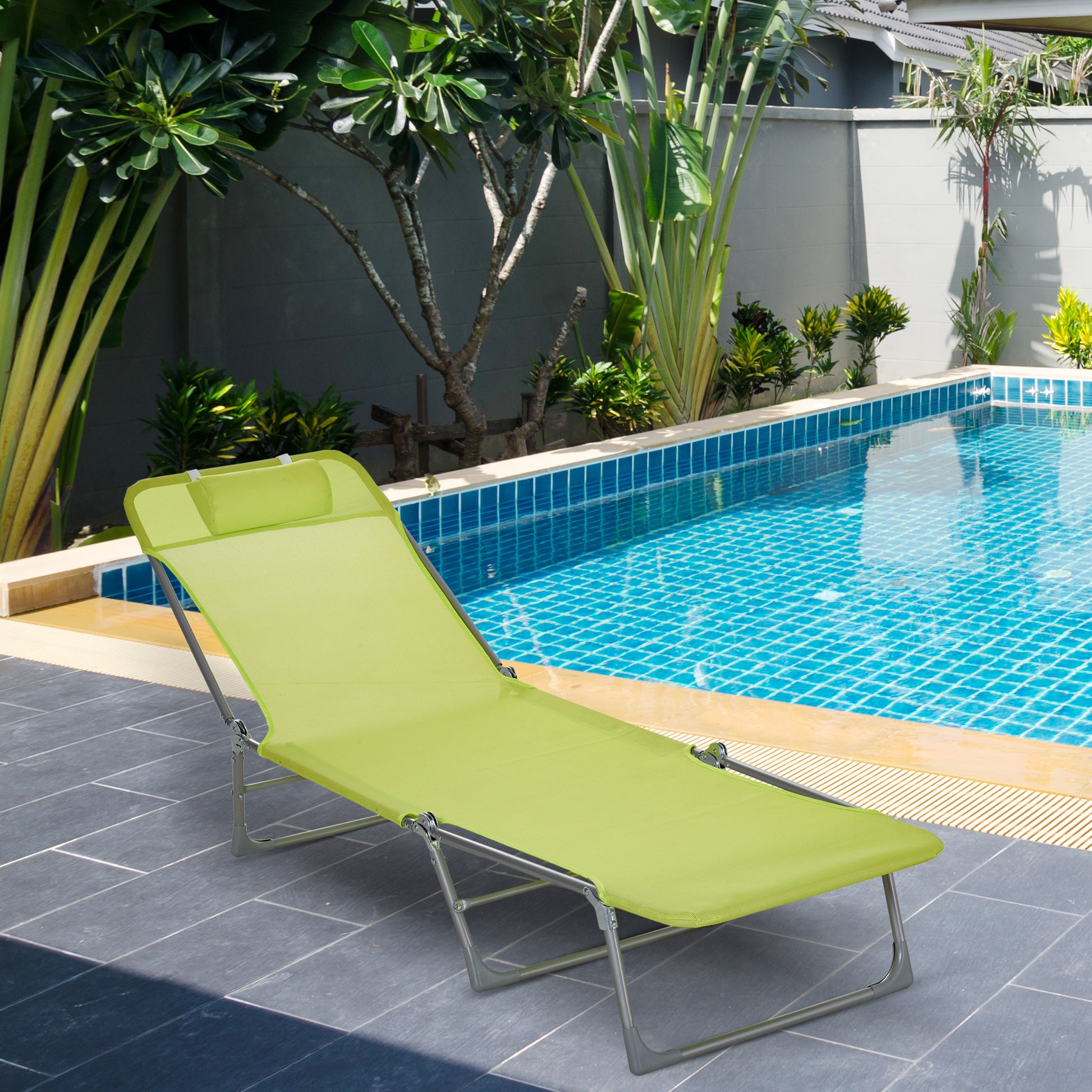 Foldable and Reclining Garden Sun Lounger with Headrest and Adjustable Backrest in 5 Levels Breathable Texteline Fabric 182x56x28 cm Green