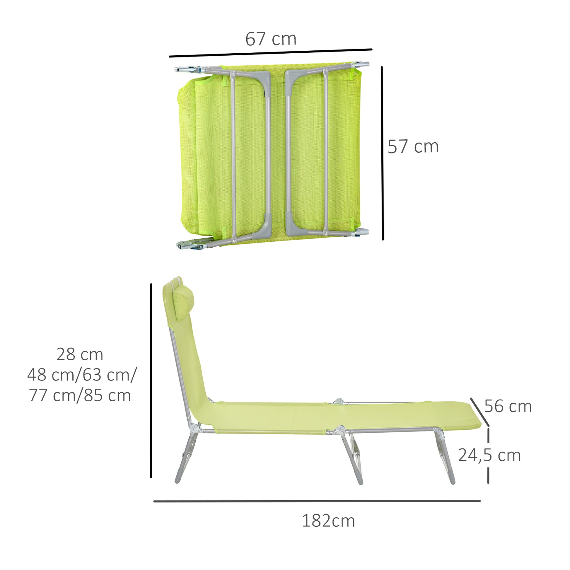 Foldable and Reclining Garden Sun Lounger with Headrest and Adjustable Backrest in 5 Levels Breathable Texteline Fabric 182x56x28 cm Green