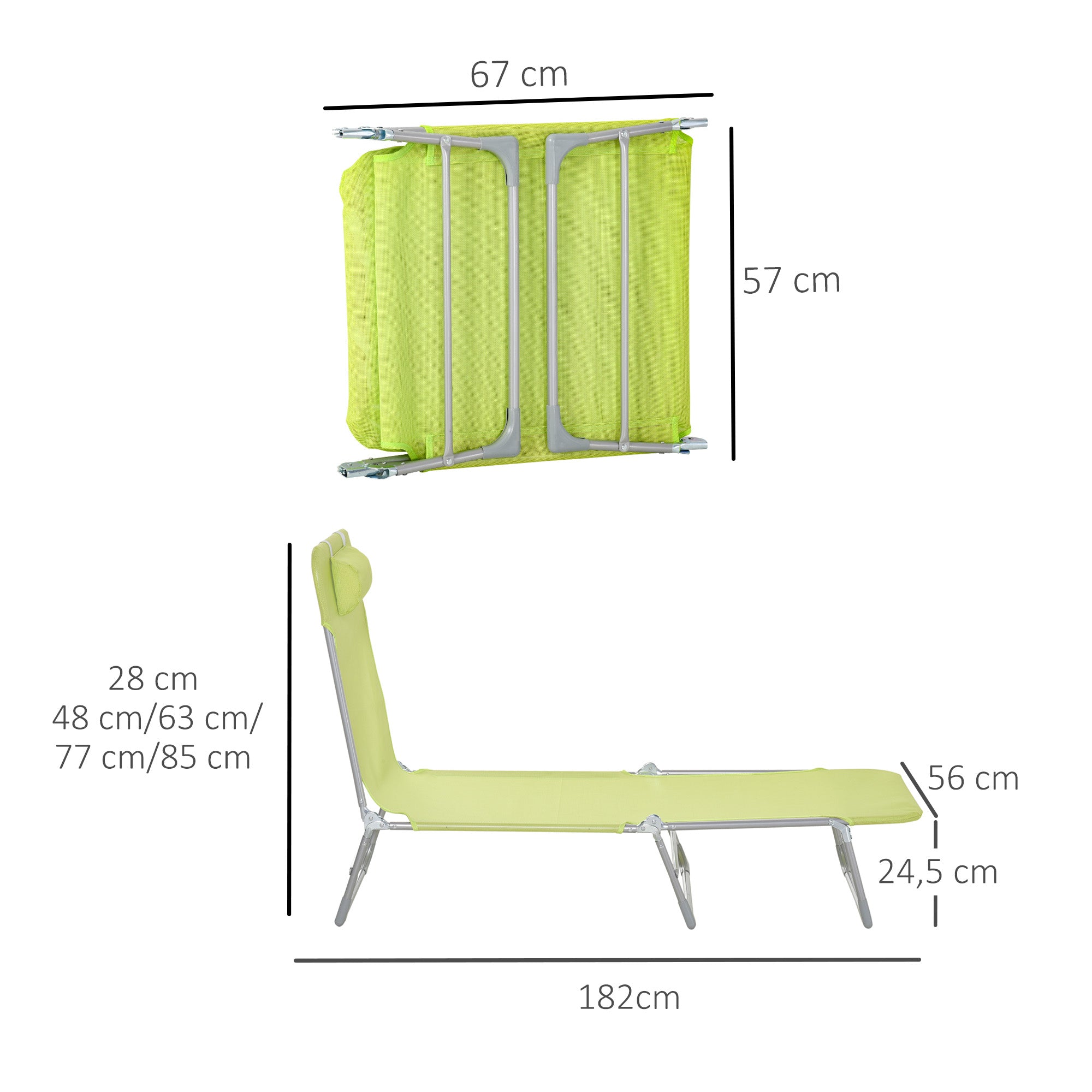 Foldable and Reclining Garden Sun Lounger with Headrest and Adjustable Backrest in 5 Levels Breathable Texteline Fabric 182x56x28 cm Green