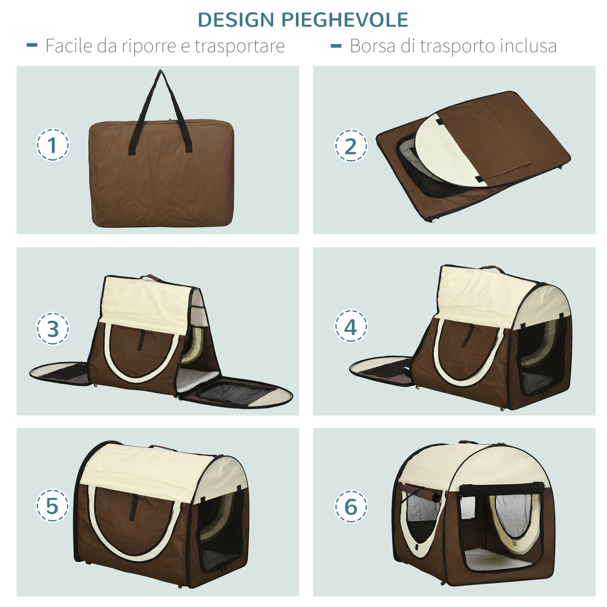 Foldable Pet Carrier in Oxford with Removable Washable Cushion and Carrying Bag, 70x51x59cm, Brown