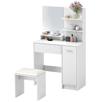 Dressing Table Set Makeup Table with Mirror and Stool, Drawer, Storage Cabinet, and Adjustable Shelf for Bedroom, 80L x 40W x 132H cm, White