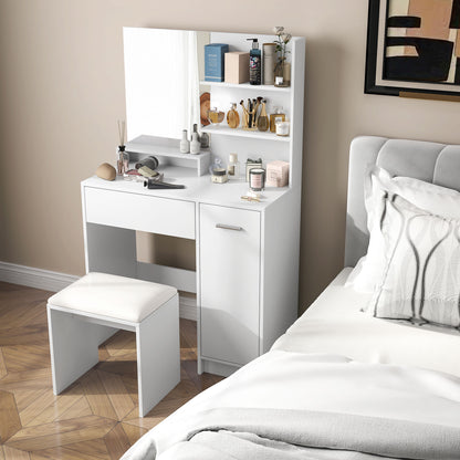 Dressing Table Set Makeup Table with Mirror and Stool, Drawer, Storage Cabinet, and Adjustable Shelf for Bedroom, 80L x 40W x 132H cm, White