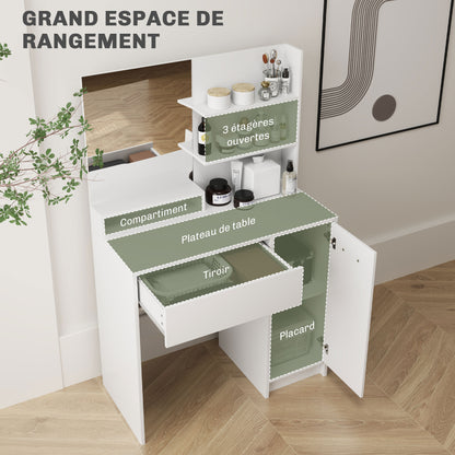 Dressing Table Set Makeup Table with Mirror and Stool, Drawer, Storage Cabinet, and Adjustable Shelf for Bedroom, 80L x 40W x 132H cm, White