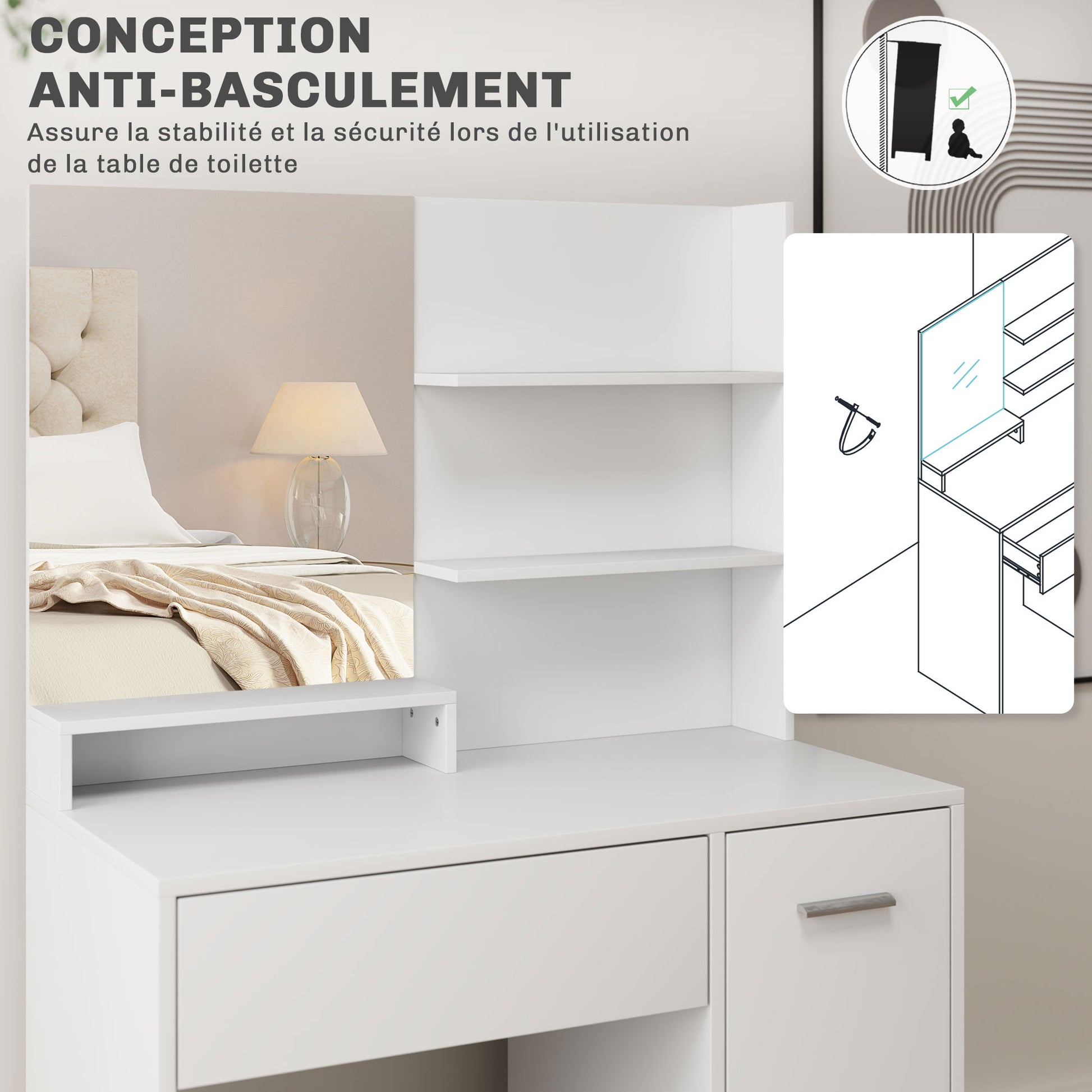 Dressing Table Set Makeup Table with Mirror and Stool, Drawer, Storage Cabinet, and Adjustable Shelf for Bedroom, 80L x 40W x 132H cm, White