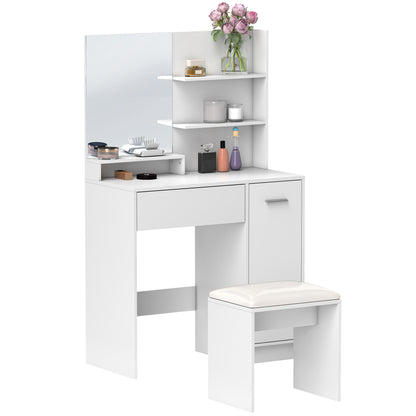 Dressing Table Set Makeup Table with Mirror and Stool, Drawer, Storage Cabinet, and Adjustable Shelf for Bedroom, 80L x 40W x 132H cm, White