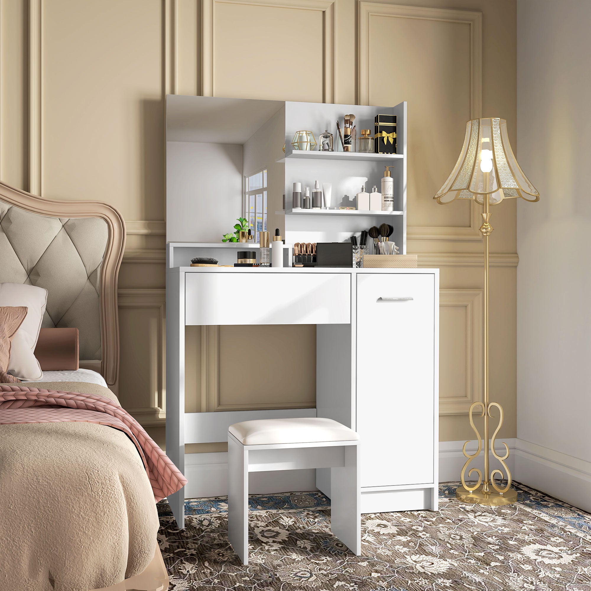 Dressing Table Set Makeup Table with Mirror and Stool, Drawer, Storage Cabinet, and Adjustable Shelf for Bedroom, 80L x 40W x 132H cm, White