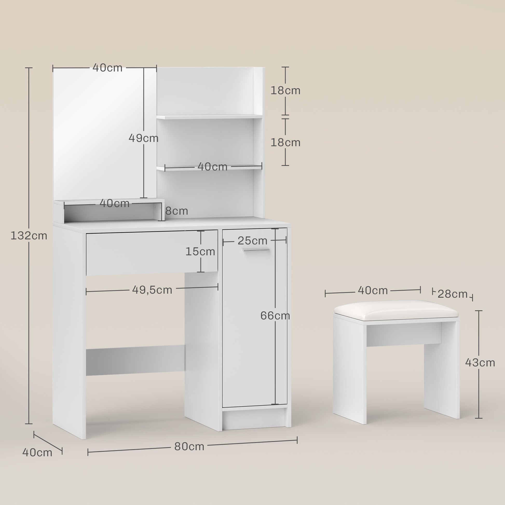 Dressing Table Set Makeup Table with Mirror and Stool, Drawer, Storage Cabinet, and Adjustable Shelf for Bedroom, 80L x 40W x 132H cm, White