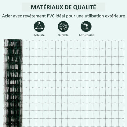 Welded Wire Mesh Roll - Mesh 7.3L x 6.3W cm - Height 2 m - Length 10 m - Posts, Brace Included - Steel with PVC Coating Green