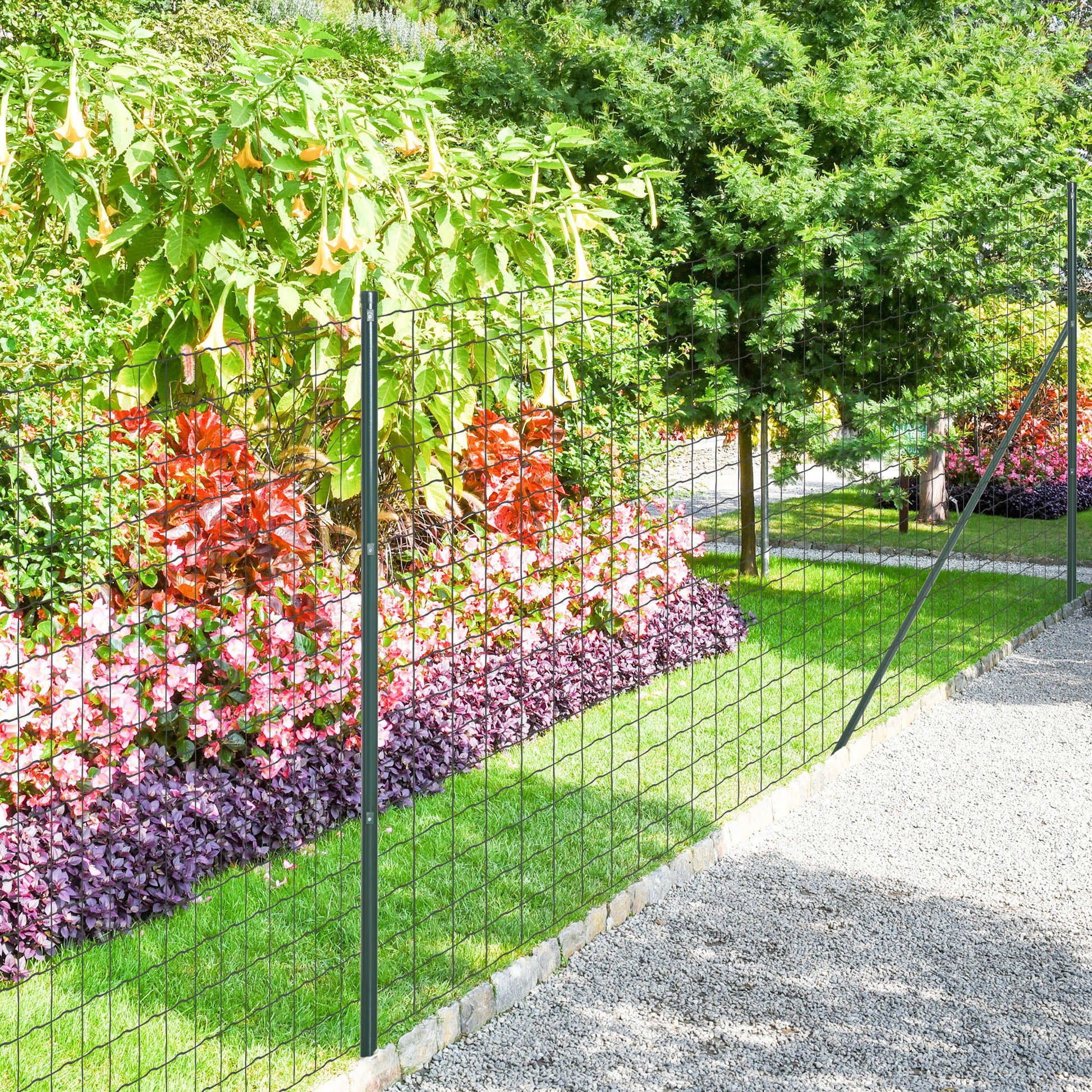 Welded Wire Mesh Roll - Mesh 7.3L x 6.3W cm - Height 2 m - Length 10 m - Posts, Brace Included - Steel with PVC Coating Green