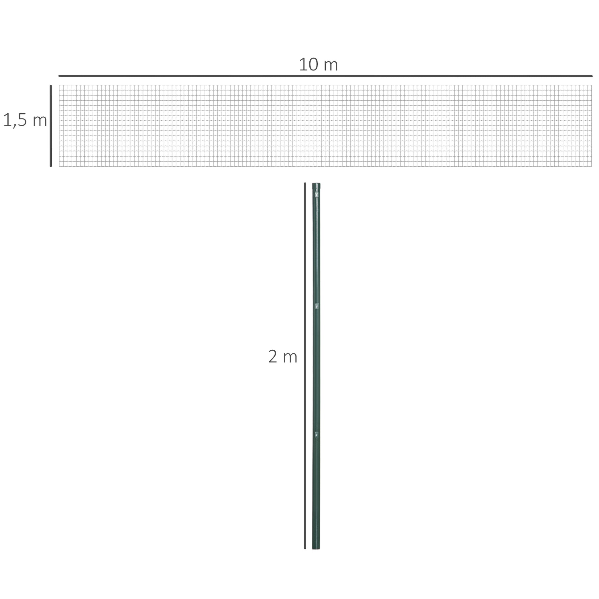 Welded Wire Mesh Roll - Mesh 7.3L x 6.3W cm - Height 2 m - Length 10 m - Posts, Brace Included - Steel with PVC Coating Green