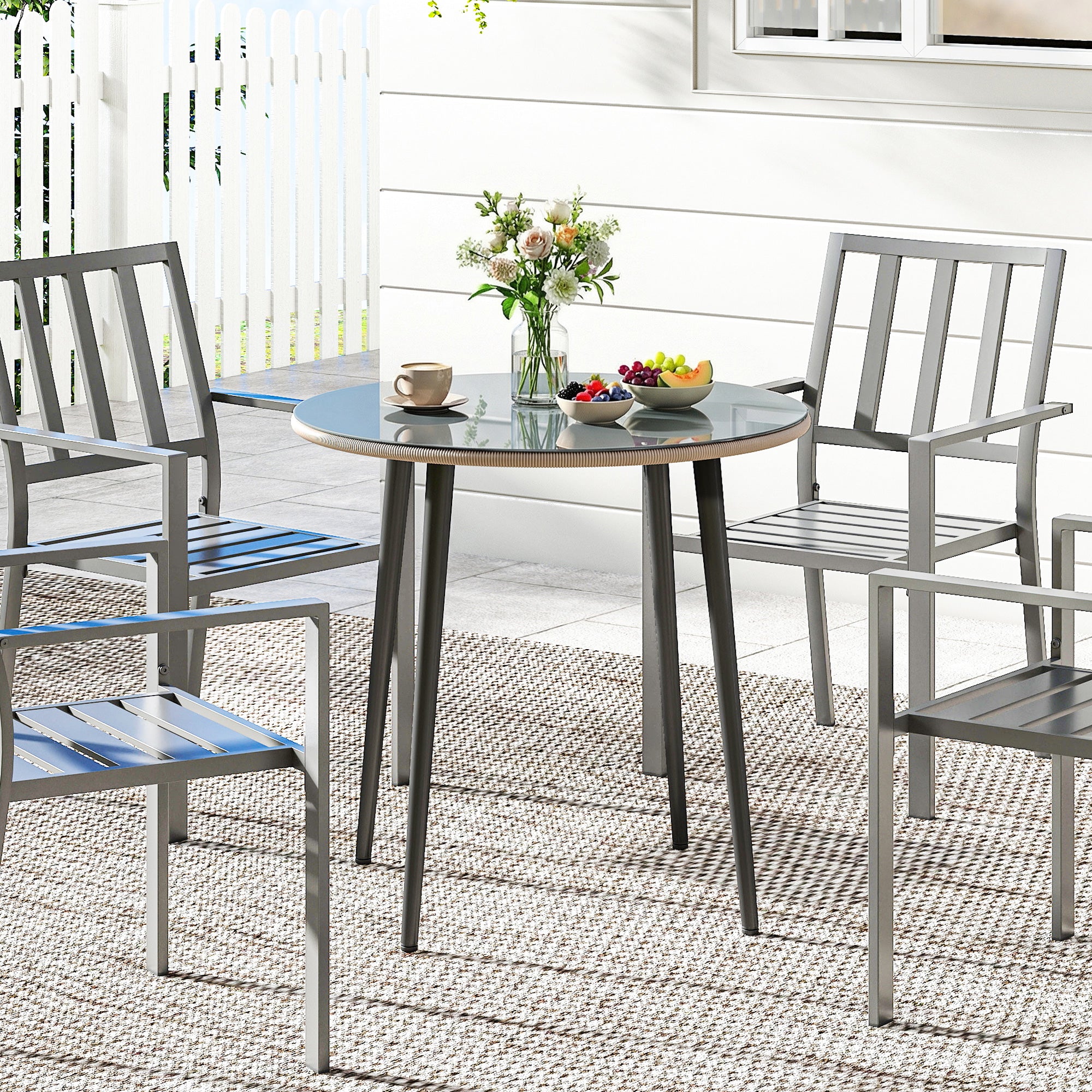 Round Garden Dining Table, Outdoor Patio Table 31.5 x 31.5 x 29.1 in, Tempered Glass Top with Rattan Edge, Steel Frame, 110 lb Capacity, for Patio & Balcony, Gray