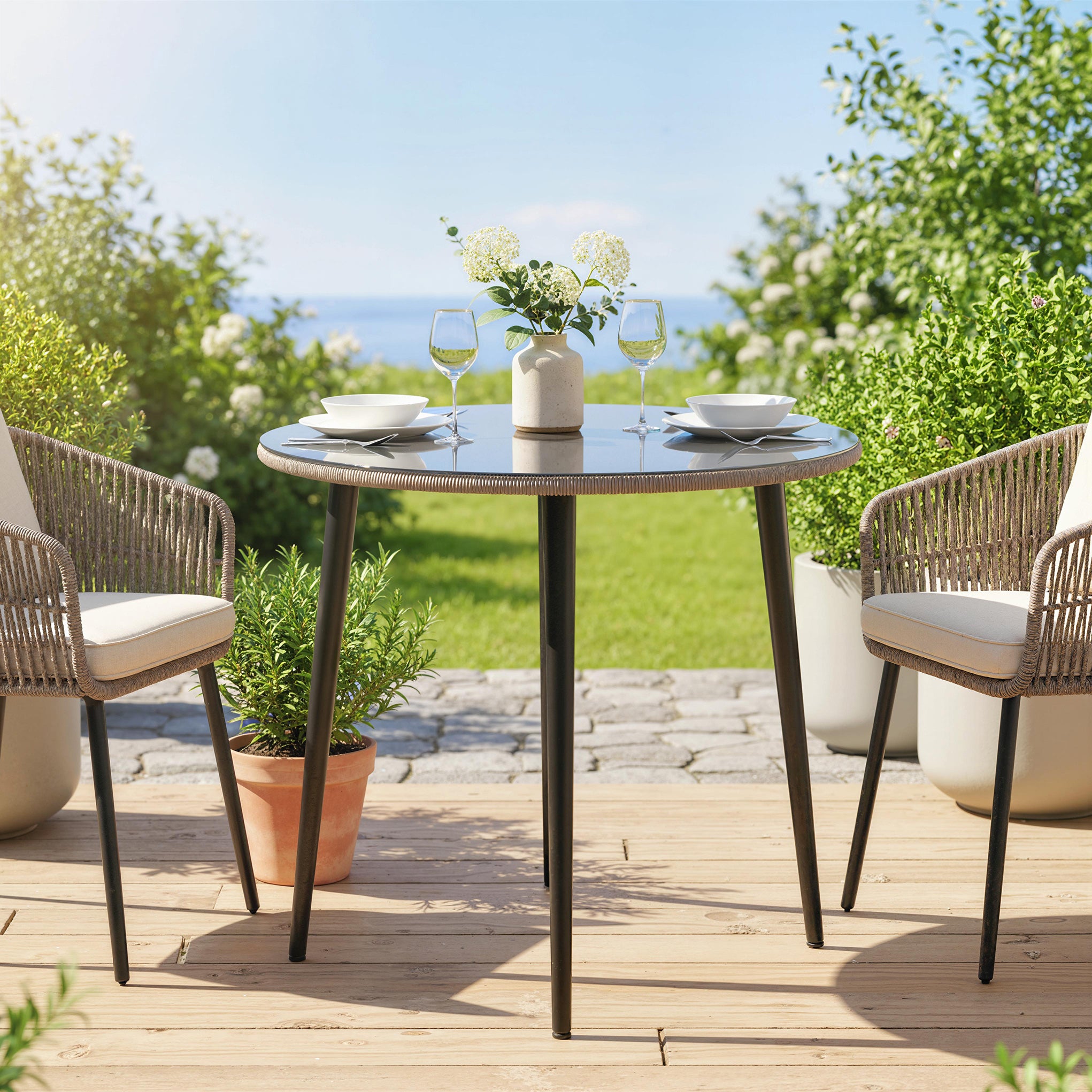 Round Garden Dining Table, Outdoor Patio Table 31.5 x 31.5 x 29.1 in, Tempered Glass Top with Rattan Edge, Steel Frame, 110 lb Capacity, for Patio & Balcony, Gray