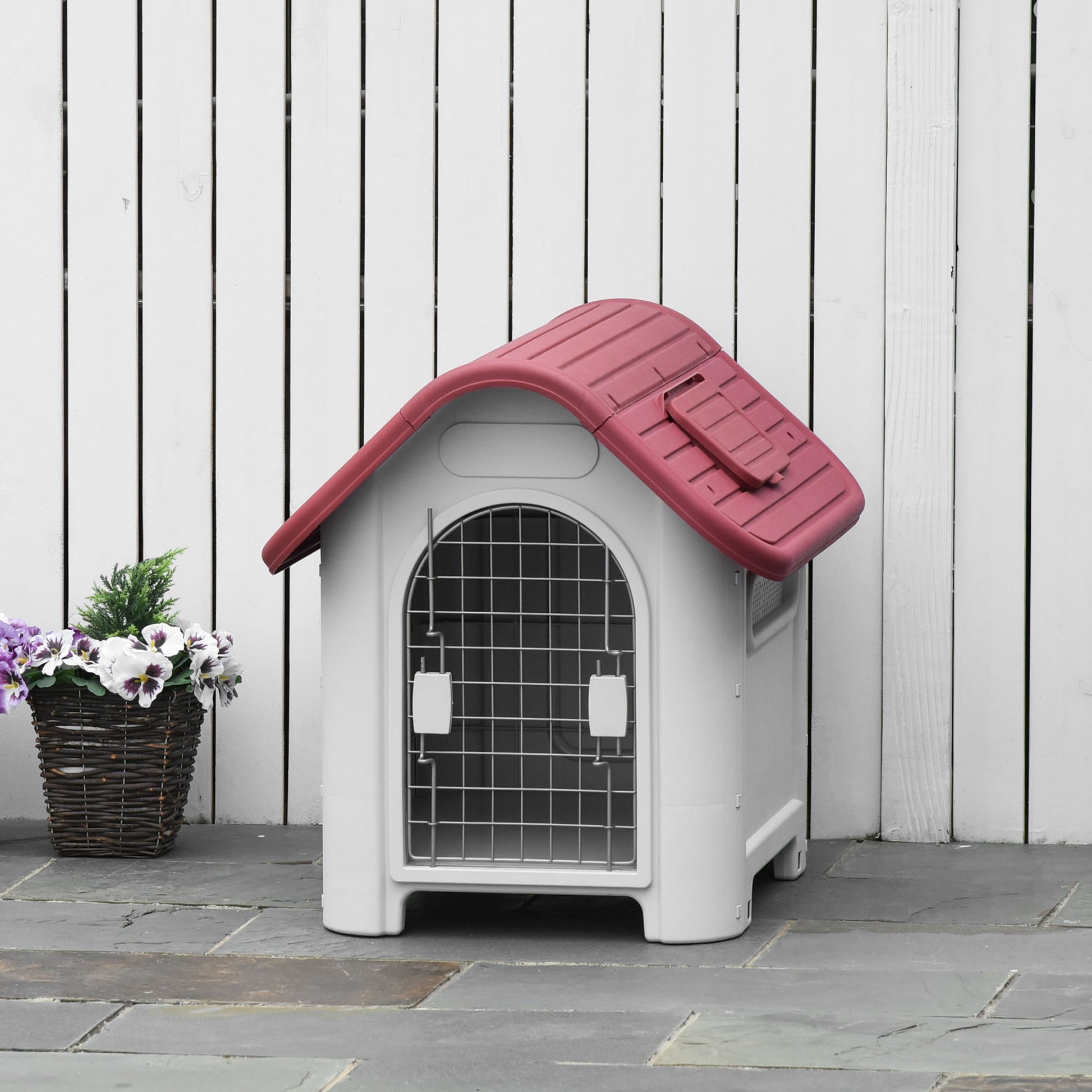 Dog House Outdoor Kennel with Roof Window Door Shelter for Small Dogs Small Animal House Air Circulation Waterproof Metal Plastic Red + Light Gray 59 x 75 x 66 cm