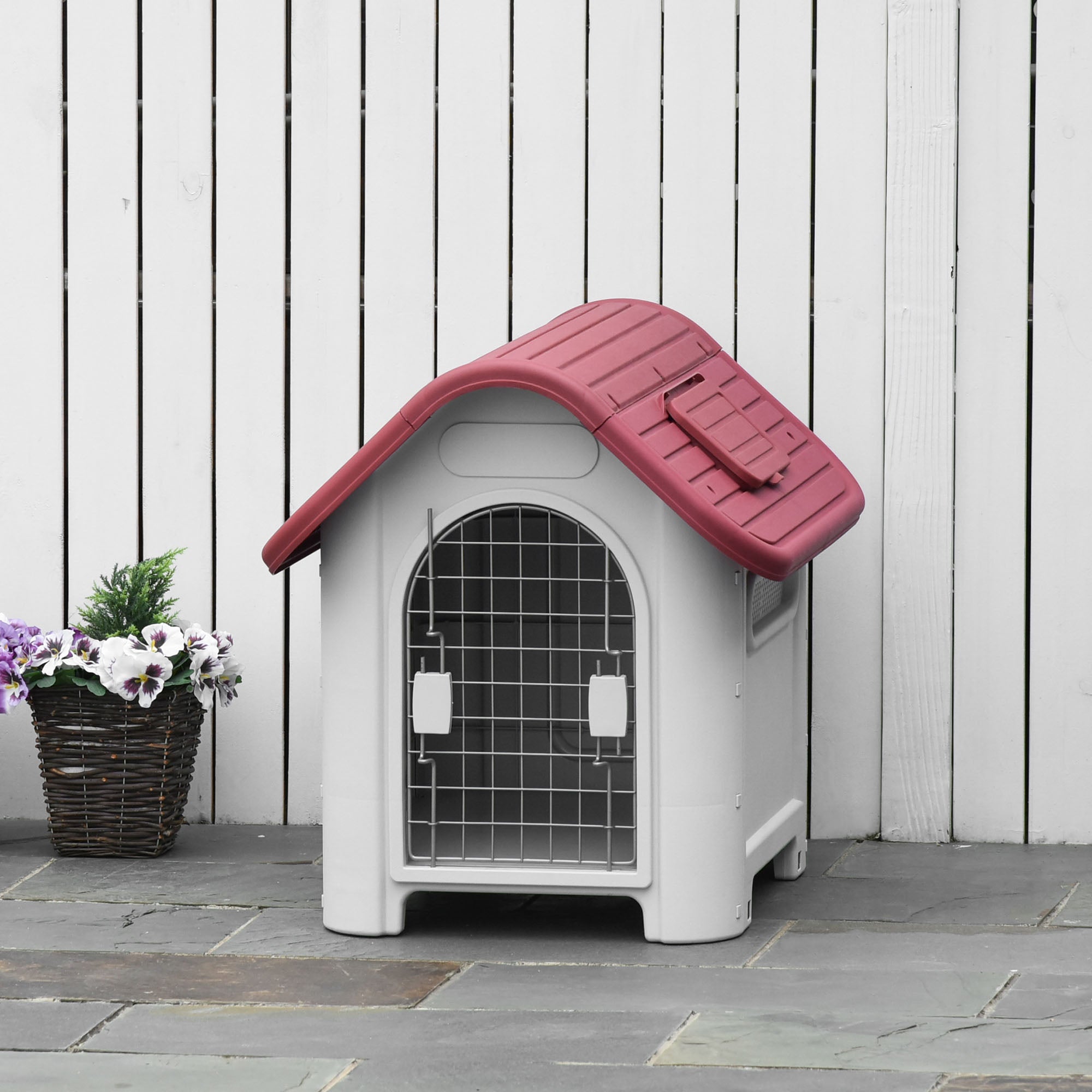 Dog House Outdoor Kennel with Roof Window Door Shelter for Small Dogs Small Animal House Air Circulation Waterproof Metal Plastic Red + Light Gray 59 x 75 x 66 cm