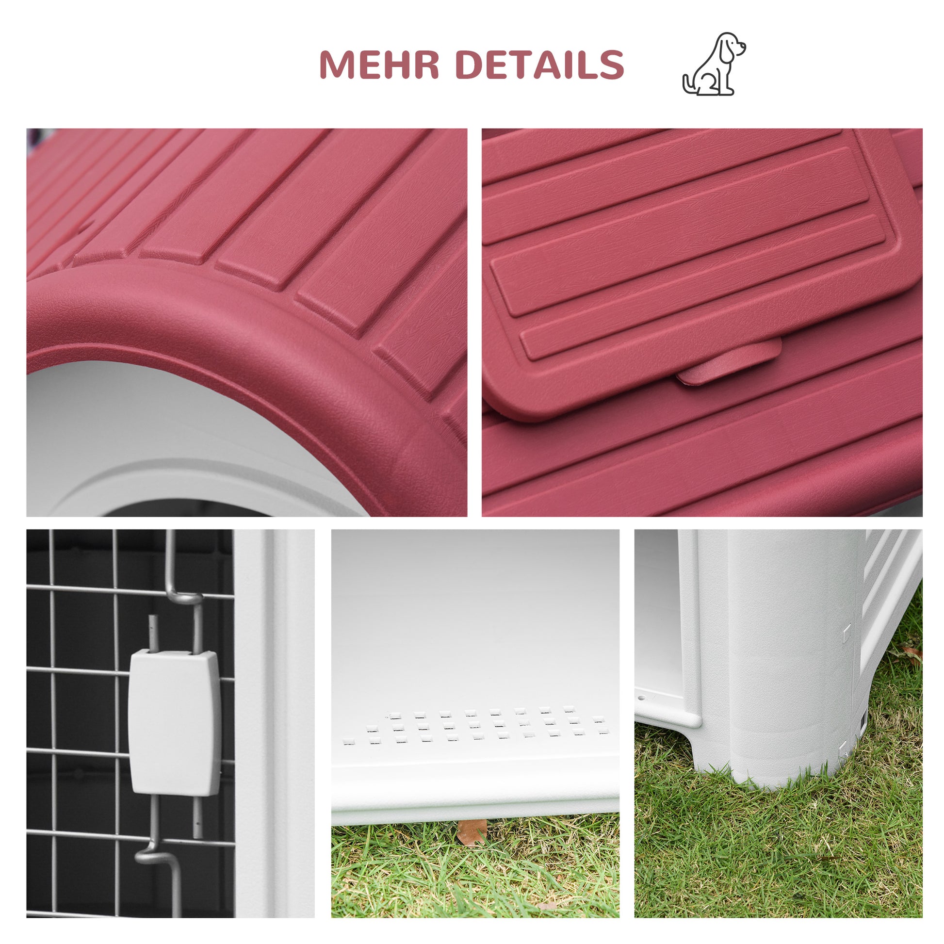 Dog House Outdoor Kennel with Roof Window Door Shelter for Small Dogs Small Animal House Air Circulation Waterproof Metal Plastic Red + Light Gray 59 x 75 x 66 cm