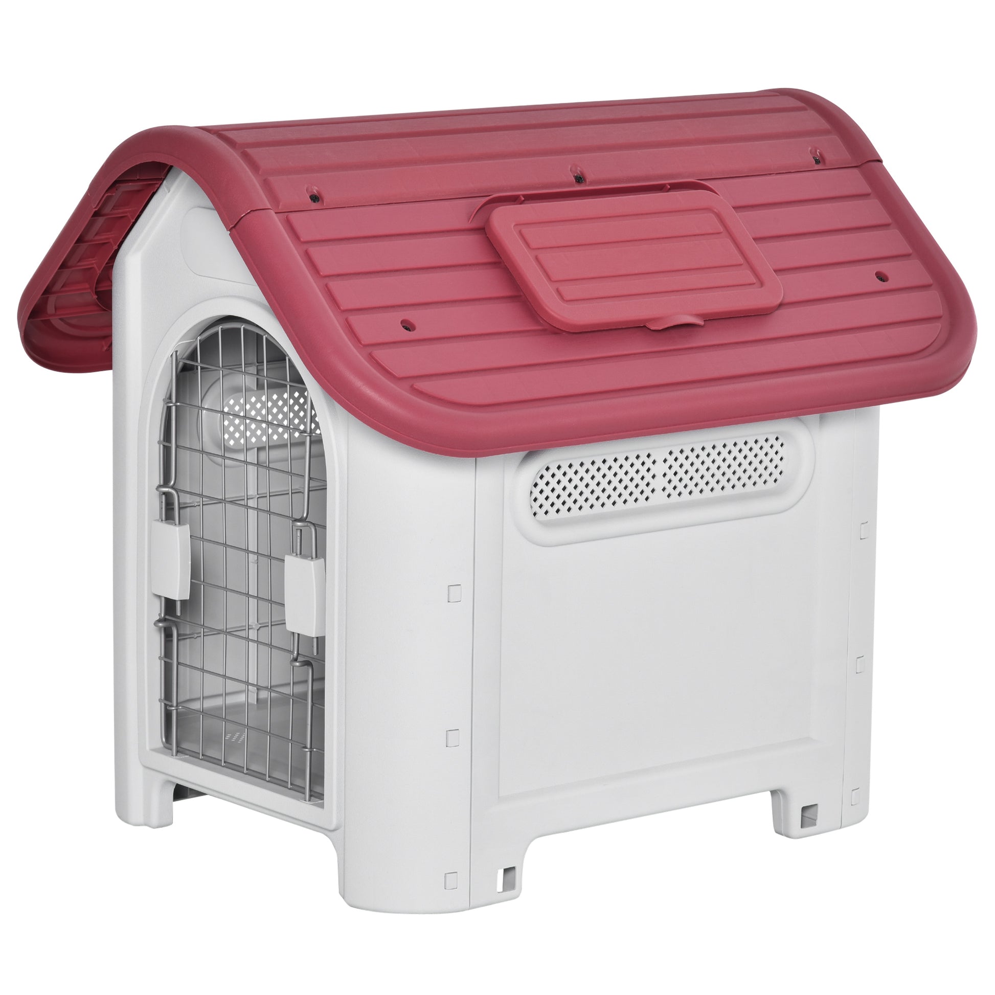 Dog House Outdoor Kennel with Roof Window Door Shelter for Small Dogs Small Animal House Air Circulation Waterproof Metal Plastic Red + Light Gray 59 x 75 x 66 cm