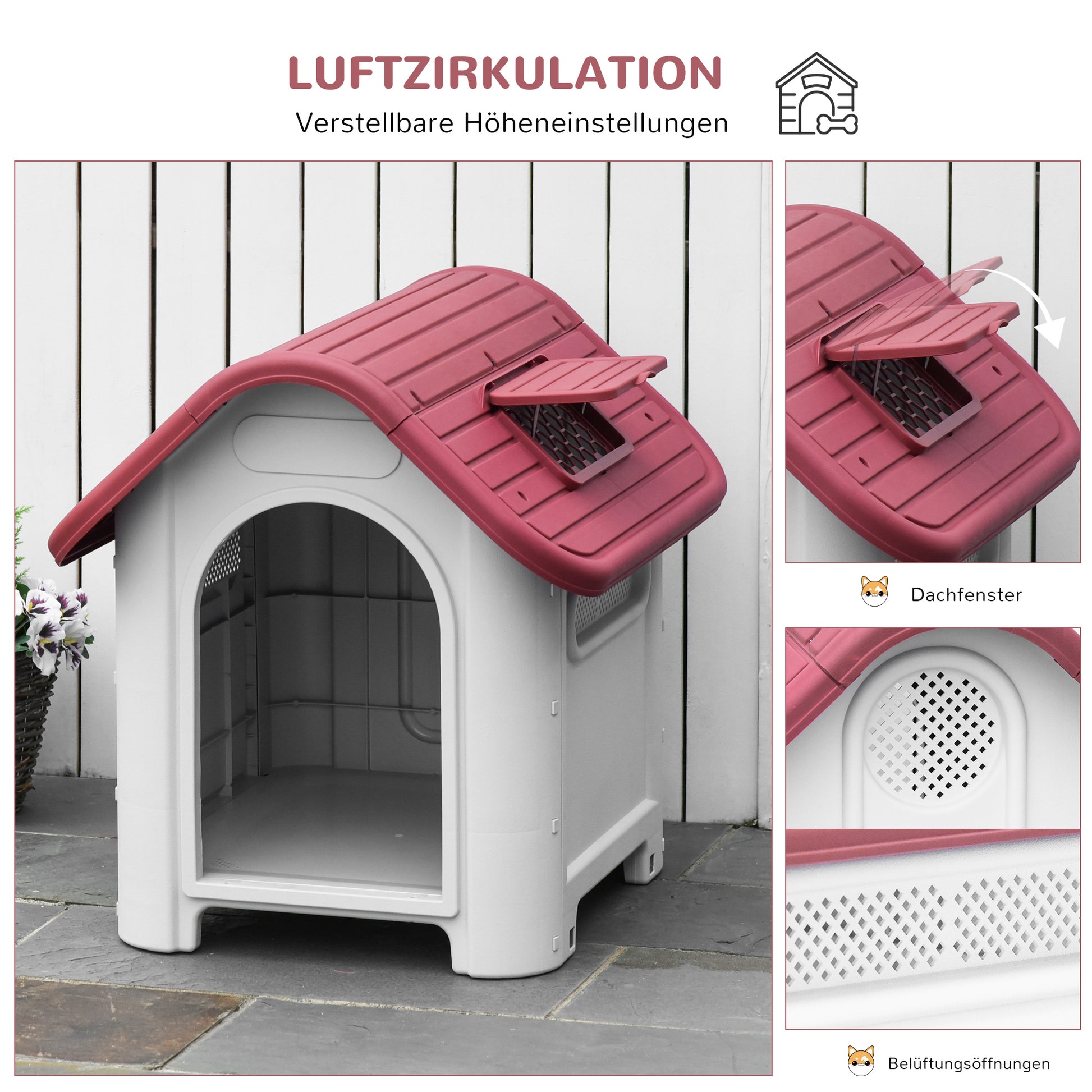 Dog House Outdoor Kennel with Roof Window Door Shelter for Small Dogs Small Animal House Air Circulation Waterproof Metal Plastic Red + Light Gray 59 x 75 x 66 cm
