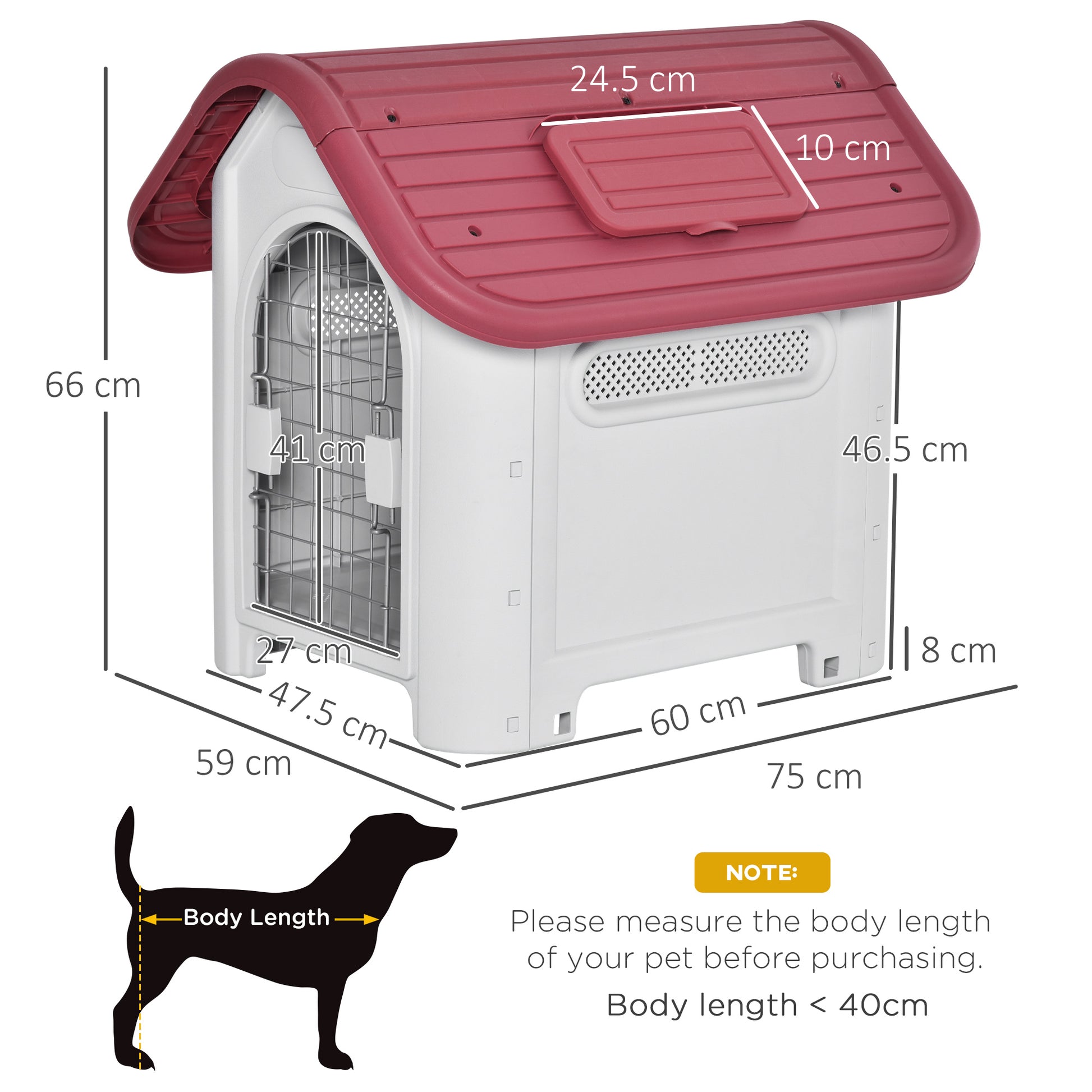 Dog House Outdoor Kennel with Roof Window Door Shelter for Small Dogs Small Animal House Air Circulation Waterproof Metal Plastic Red + Light Gray 59 x 75 x 66 cm