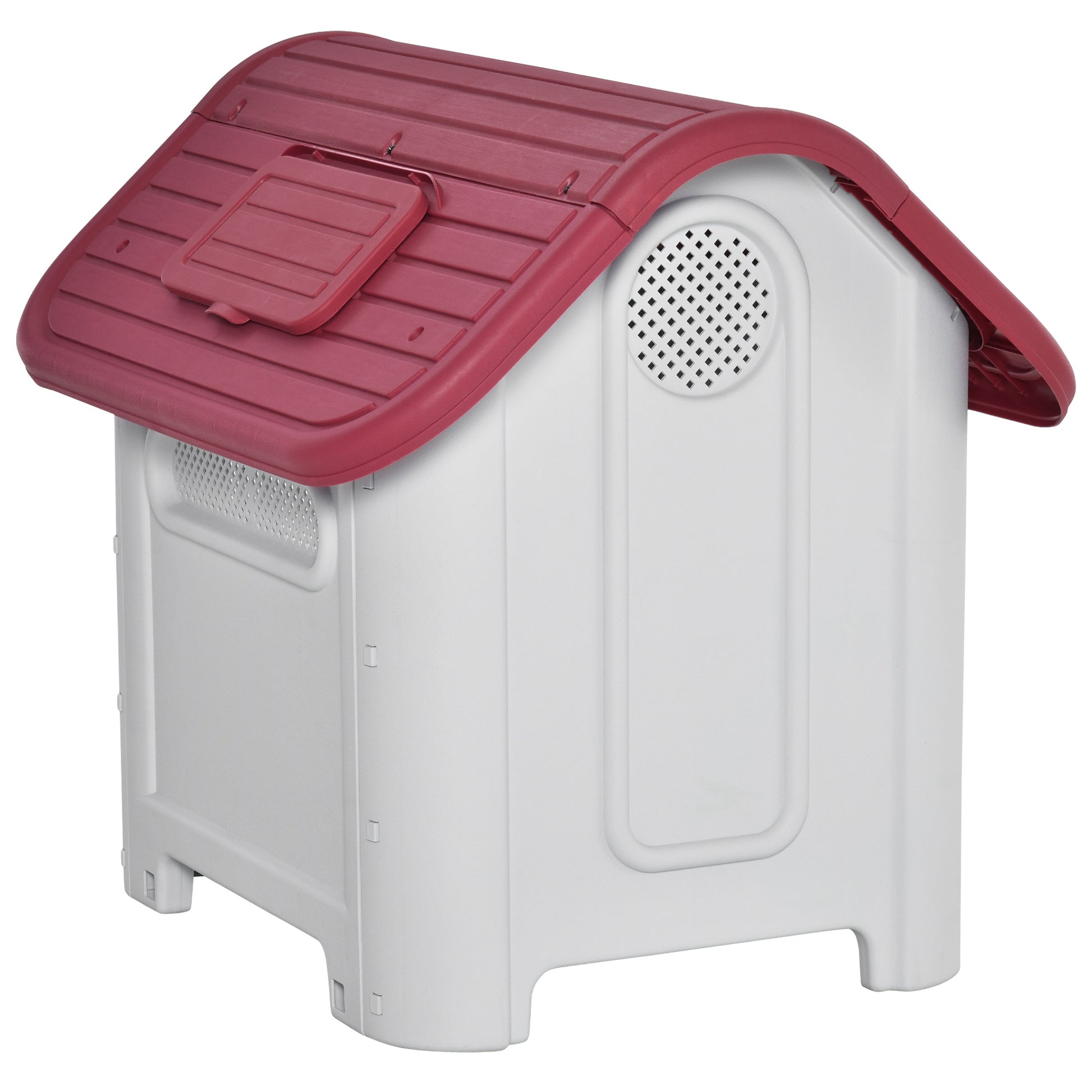 Dog House Outdoor Kennel with Roof Window Door Shelter for Small Dogs Small Animal House Air Circulation Waterproof Metal Plastic Red + Light Gray 59 x 75 x 66 cm