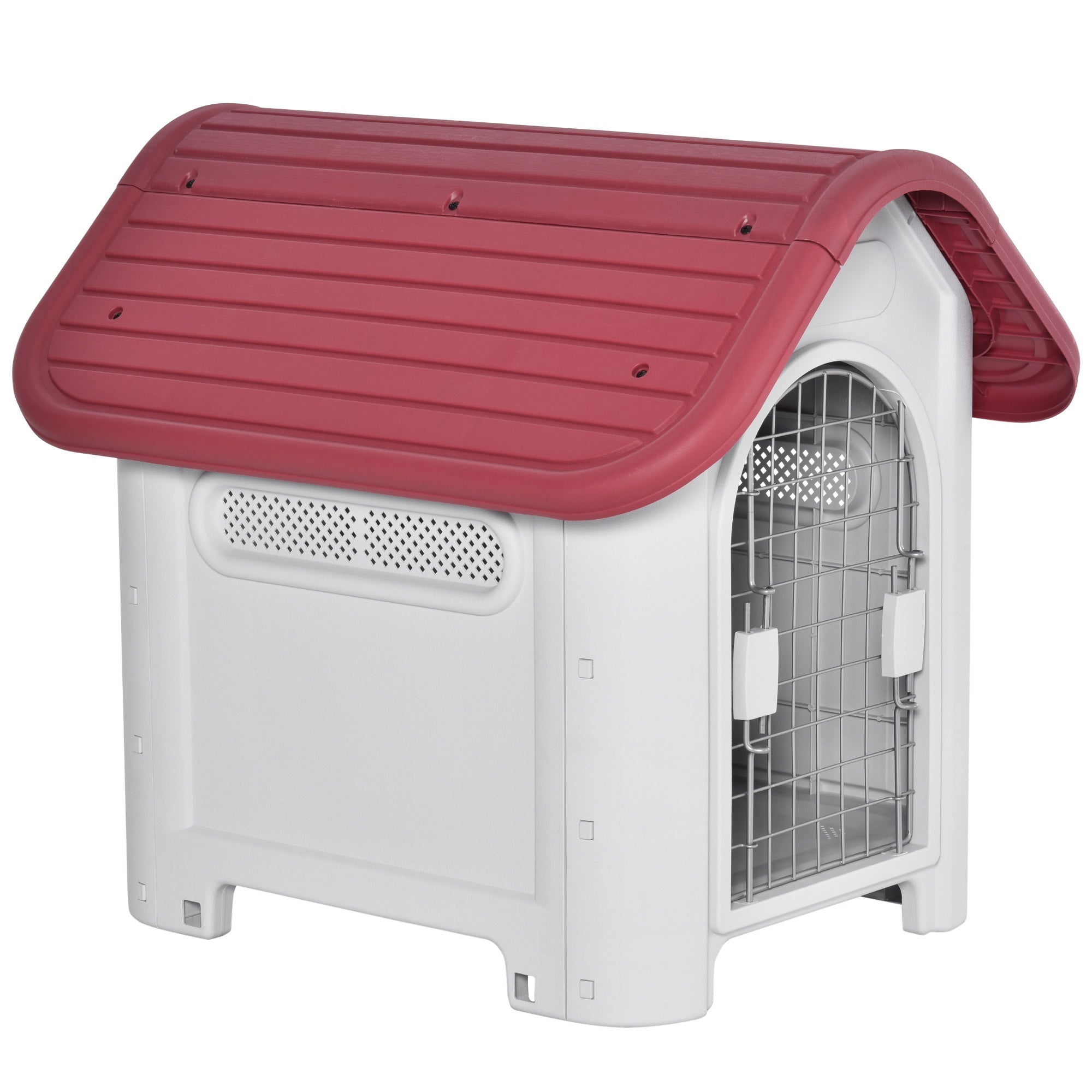 Dog House Outdoor Kennel with Roof Window Door Shelter for Small Dogs Small Animal House Air Circulation Waterproof Metal Plastic Red + Light Gray 59 x 75 x 66 cm