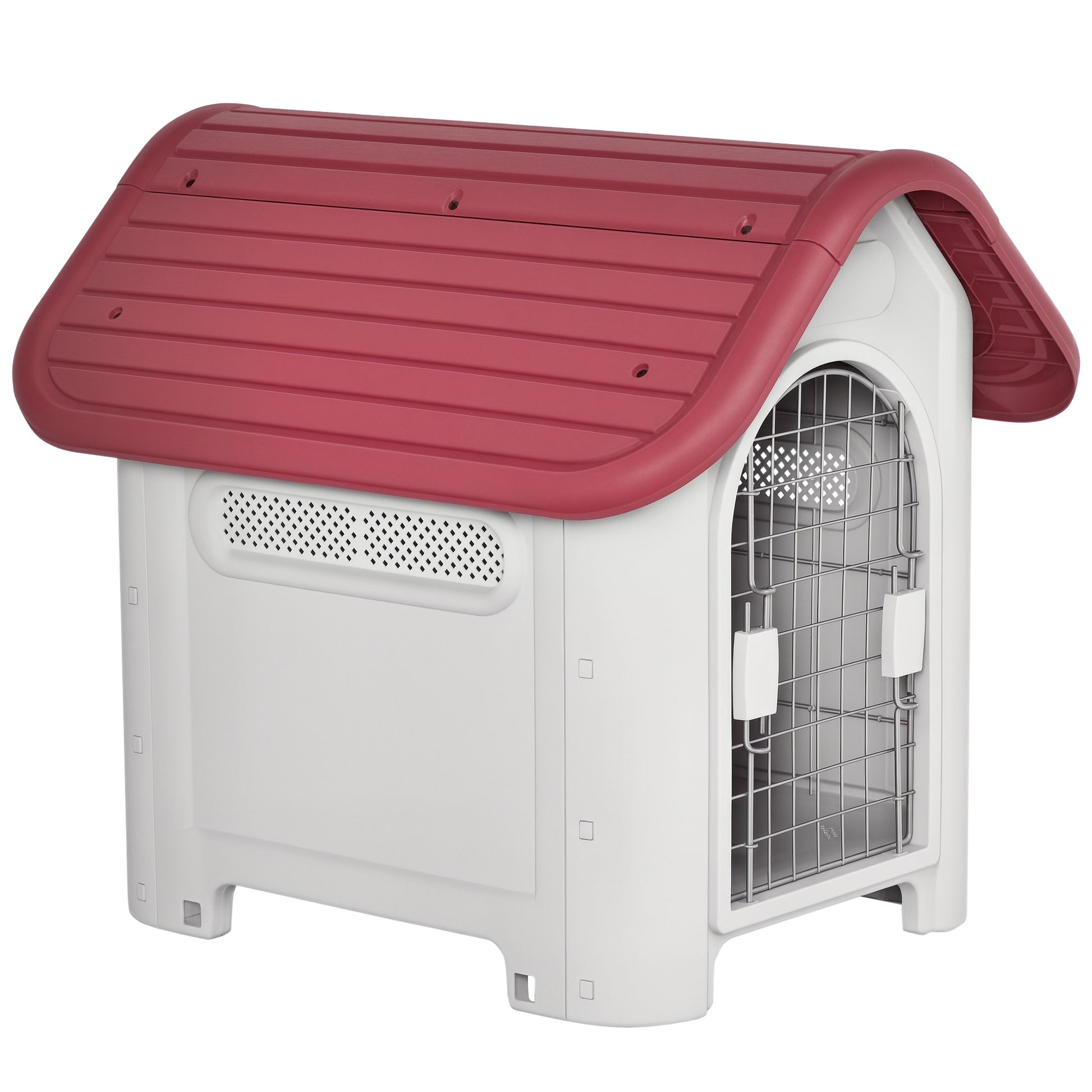 Dog House Outdoor Kennel with Roof Window Door Shelter for Small Dogs Small Animal House Air Circulation Waterproof Metal Plastic Red + Light Gray 59 x 75 x 66 cm