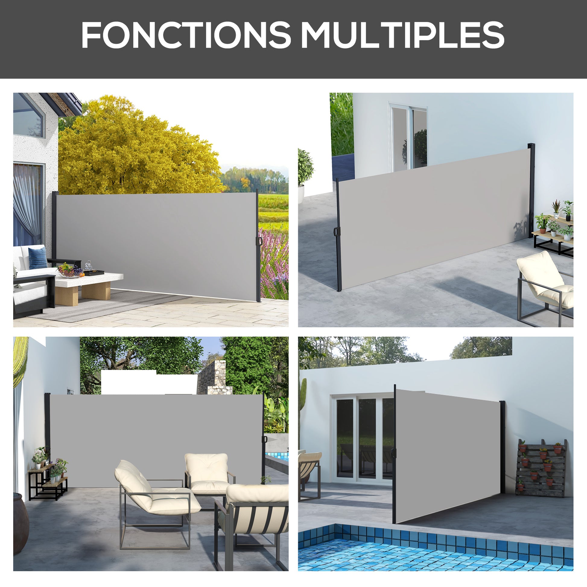 Retractable Garden Side Awning Privacy Screen 3m x 1.8m Aluminum Anti-UV High Density 180 gsm Light Gray