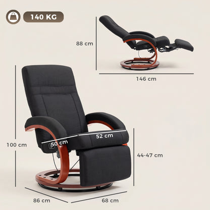 Reclining Armchair with Footrest – High-Back TV Chair, Ergonomic Armrests, Eucalyptus Wood Base, Linen-Look Fabric, Recliner for Living Room & Bedroom (Black)