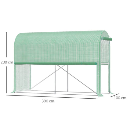 Garden Greenhouse PE, balcony greenhouse, reinforced 140 g/m² tarpaulin, steel frame, roll-up zip door, for vegetables plants flowers, indoor and outdoor, 300 x 100 x 200 cm, green