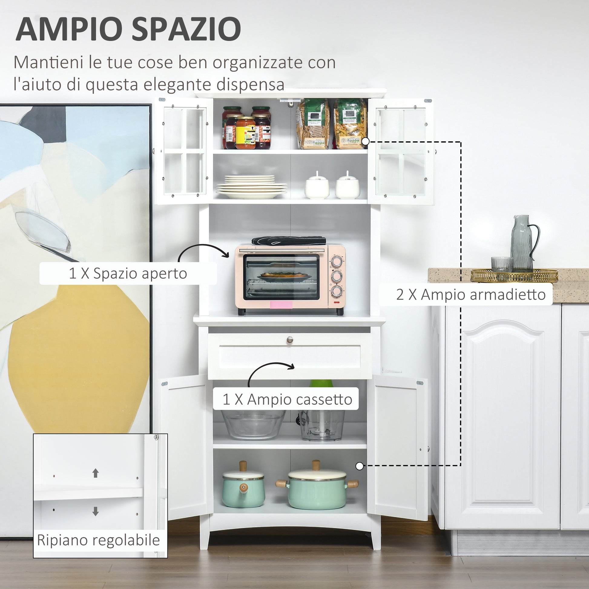Tall Kitchen Pantry Cabinet for Kitchen and Dining Room with 2 Cabinets, Adjustable Shelves, and Worktop, in MDF, 68.6x40x164 cm, White