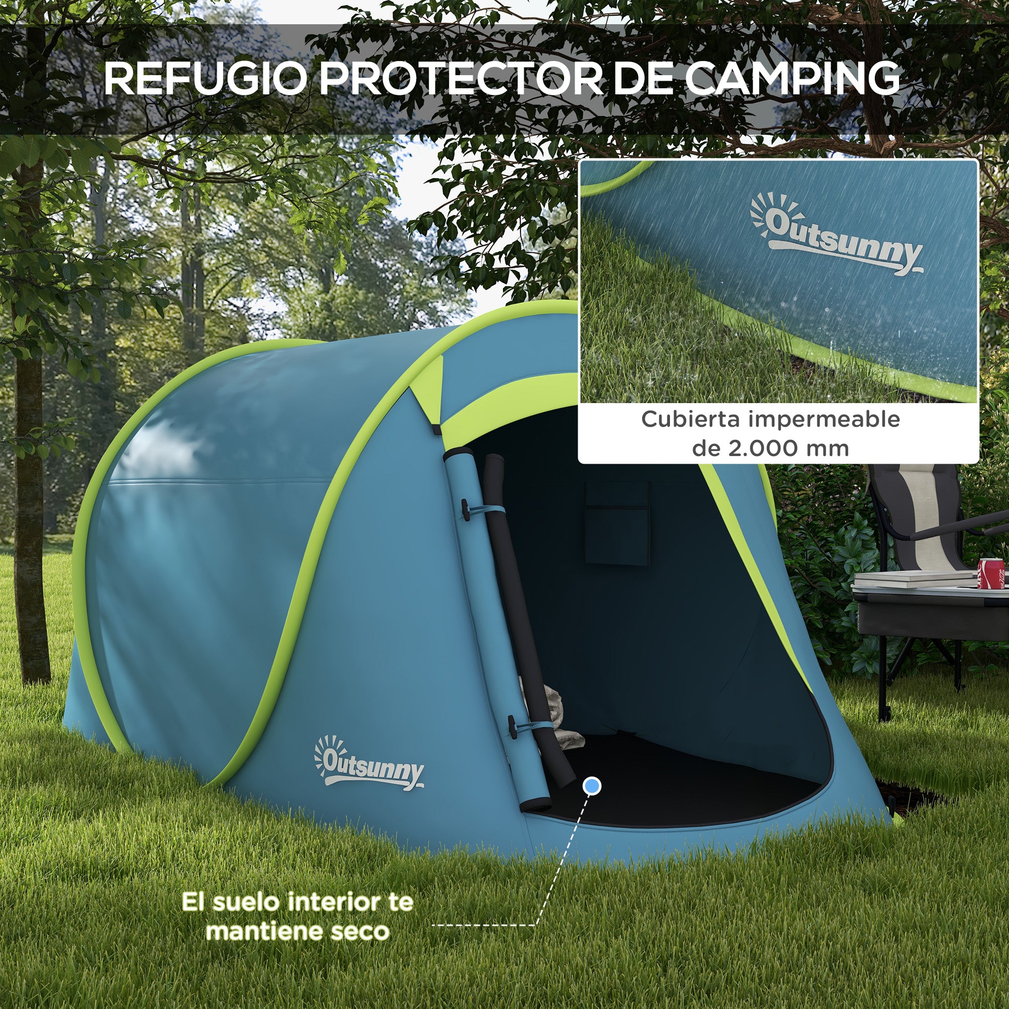 2-3 Person Pop-Up Camping Tent Portable Waterproof 2000 mm with Window for Camping Fishing Hiking 245x148x105 cm Blue