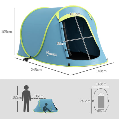 2-3 Person Pop-Up Camping Tent Portable Waterproof 2000 mm with Window for Camping Fishing Hiking 245x148x105 cm Blue