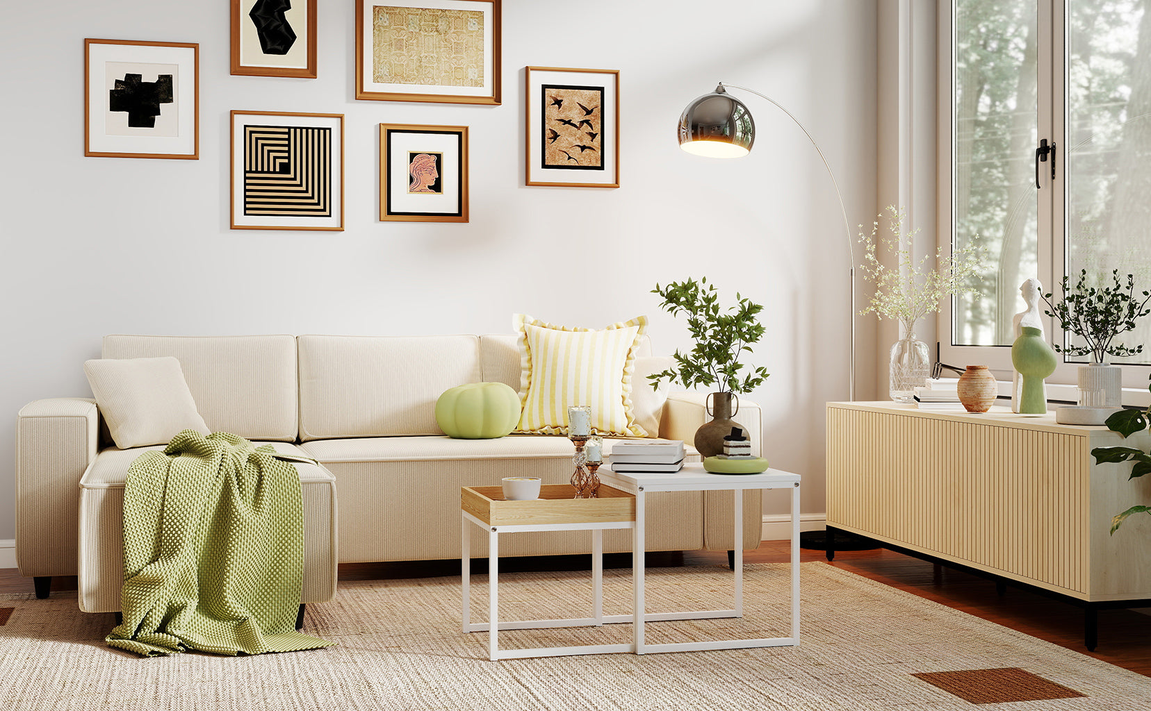 Modern living room with a beige sofa, coffee table, and decorative items.
